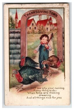 1911 Thanksgiving Postcard Boy Axe Chasing Turkeys Columbus Ohio Postmark Poem